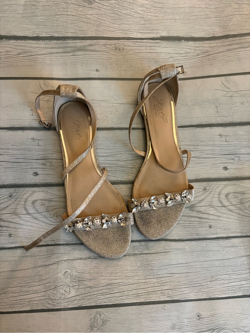 Jewel Badgley Mischka Glittery Rose Gold Jeweled Ankle-Strap Sandals